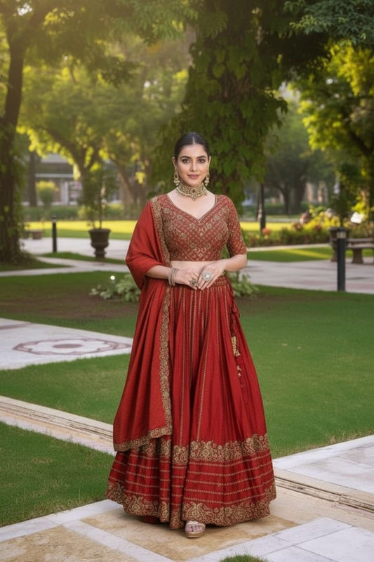 Sequin Work Rust Orange Rangoli Silk Wedding Lehenga Choli with Matching Dupatta