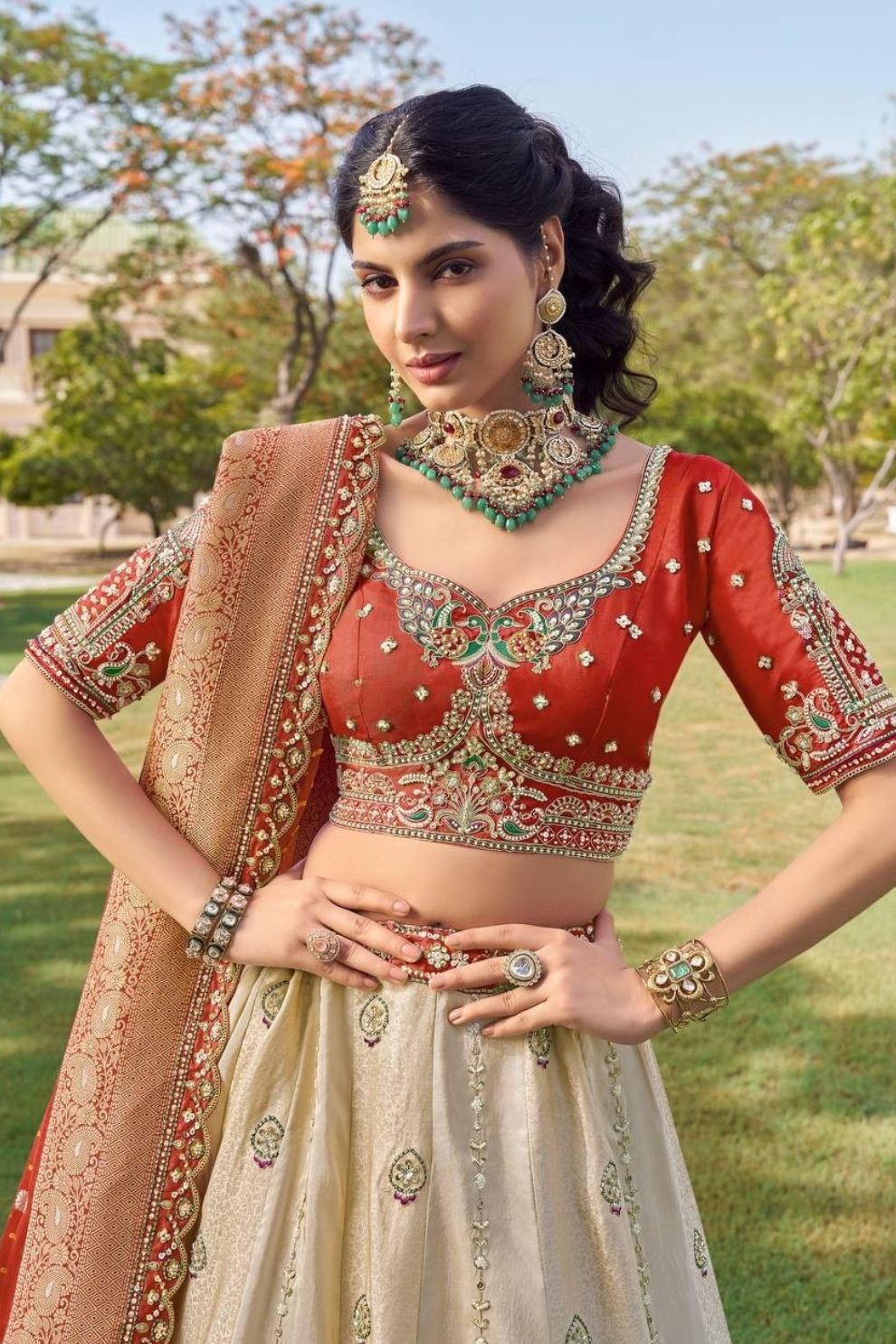 Tissue Silk Wedding Lehenga Choli Peacock Embroidery with Dupatta Elegant