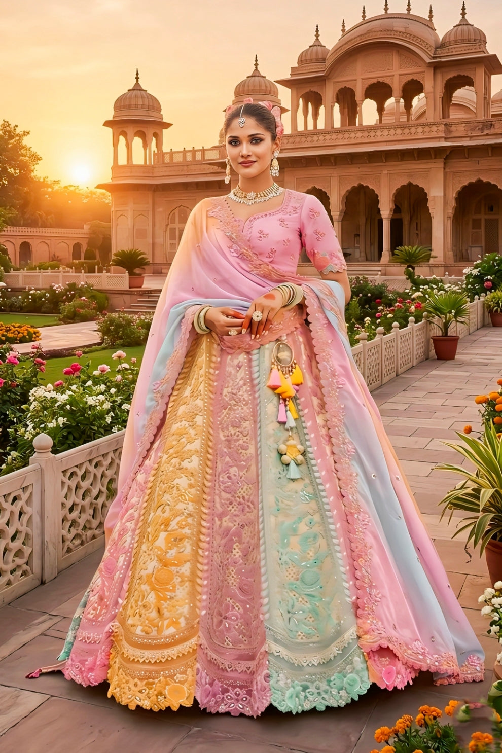 Pastel Multicolor Organza Embroidered Lehenga Set with Ombre Net Dupatta