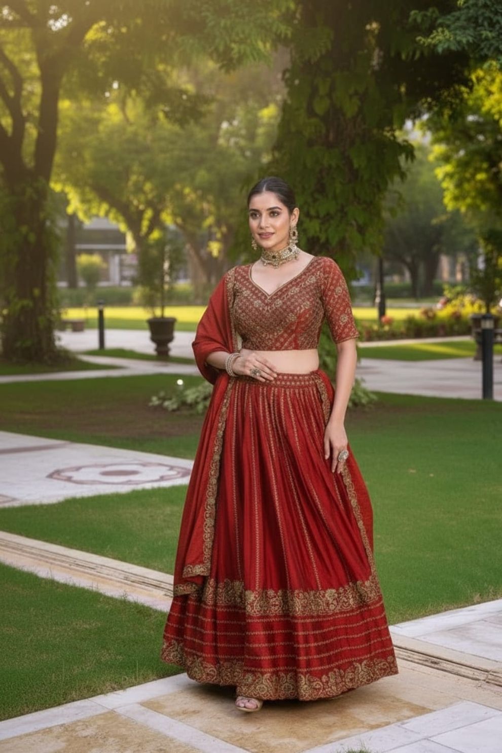 Sequin Work Rust Orange Rangoli Silk Wedding Lehenga Choli with Matching Dupatta