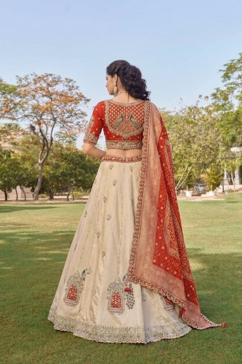 Tissue Silk Wedding Lehenga Choli Peacock Embroidery with Dupatta Elegant