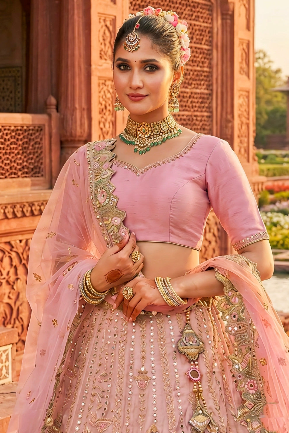 Dusty Pink and Grey Ombre Silk Bridal Lehenga with Thread and Moti Work