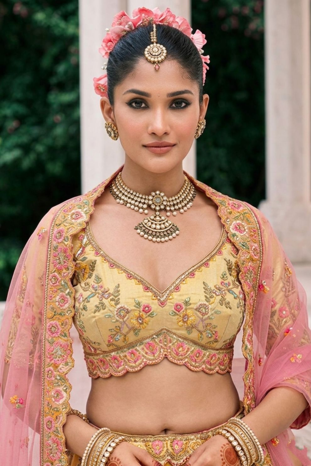Mustard Yellow and Peach Embroidered Silk Bridal Lehenga Choli