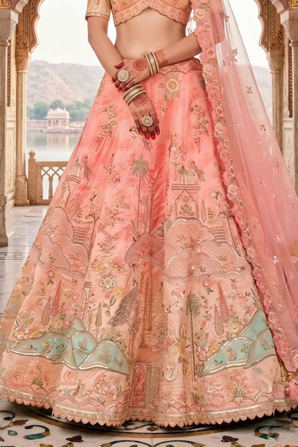 Peach Silk Heavy Mirror & Sequins Embroidered Bridal Lehenga Choli