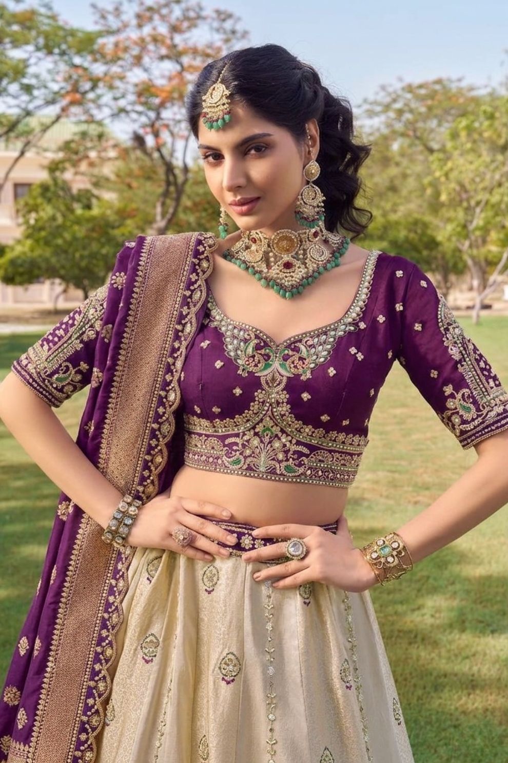 Purple Tissue Silk Wedding Lehenga Choli Peacock Embroidery with Dupatta Elegant