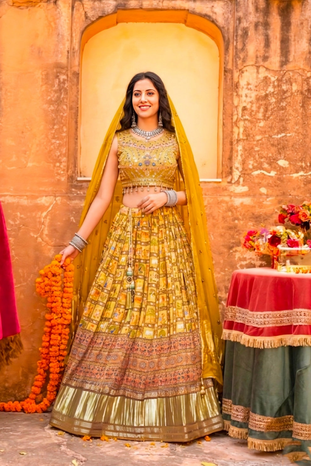 Gajji Silk Gorgeous Shaded Brass Green Printed Lehenga Choli
