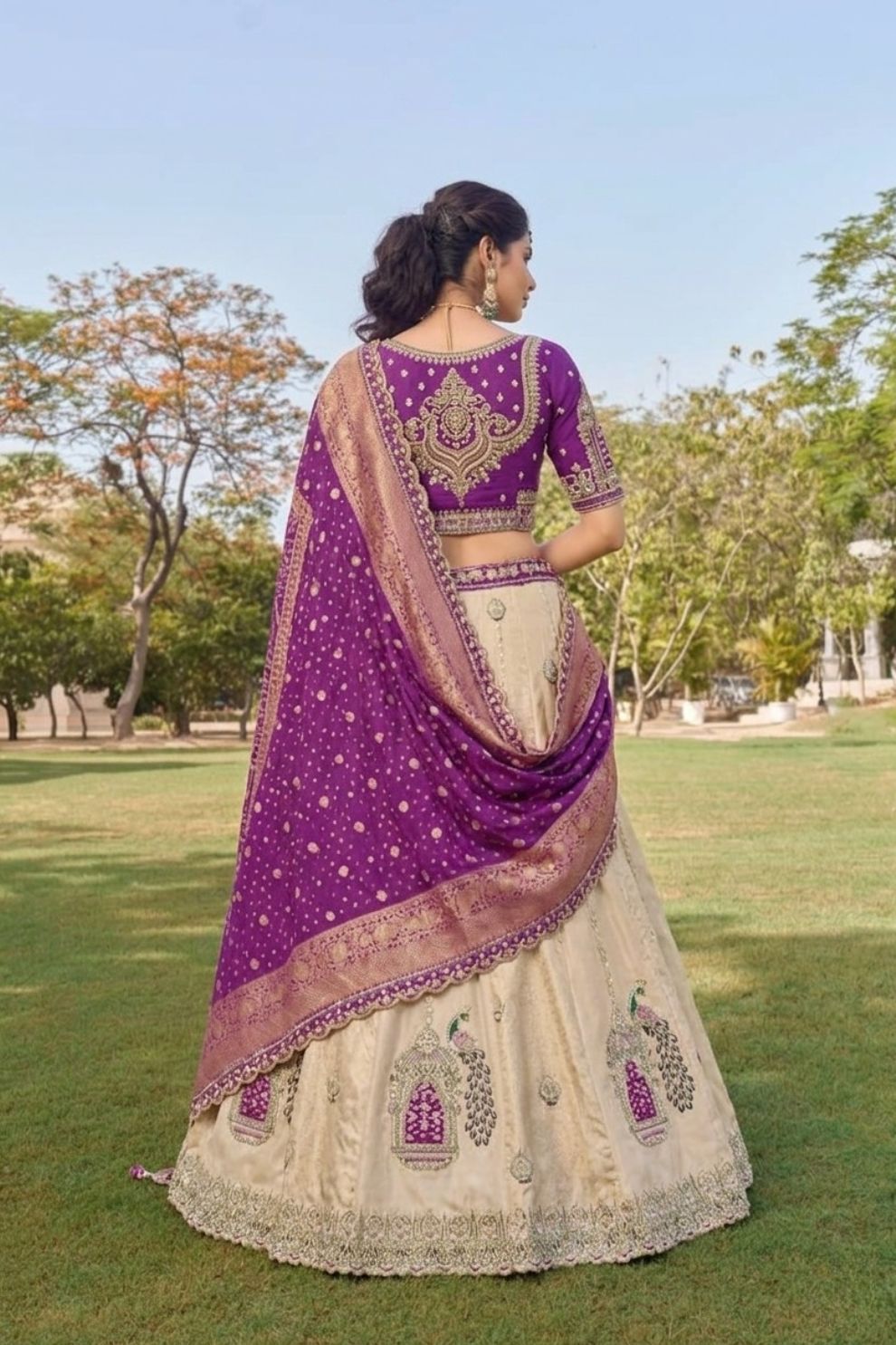 Purple Tissue Silk Wedding Lehenga Choli Peacock Embroidery with Dupatta Elegant