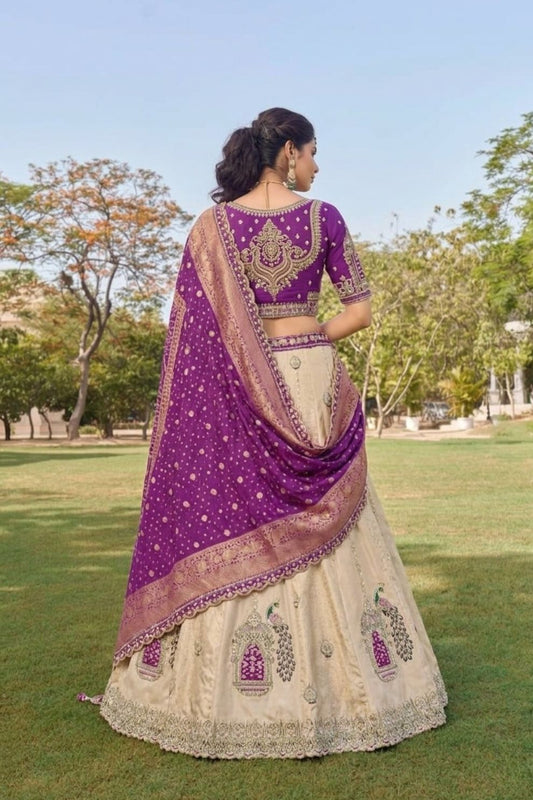 Purple Tissue Silk Wedding Lehenga Choli Peacock Embroidery with Dupatta Elegant