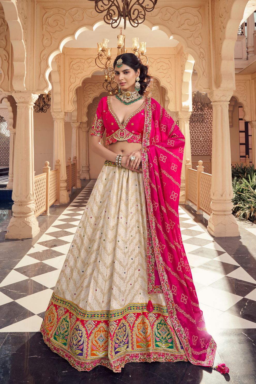 Cream Rani Pink Kalamkari Banarasi Lehenga Choli