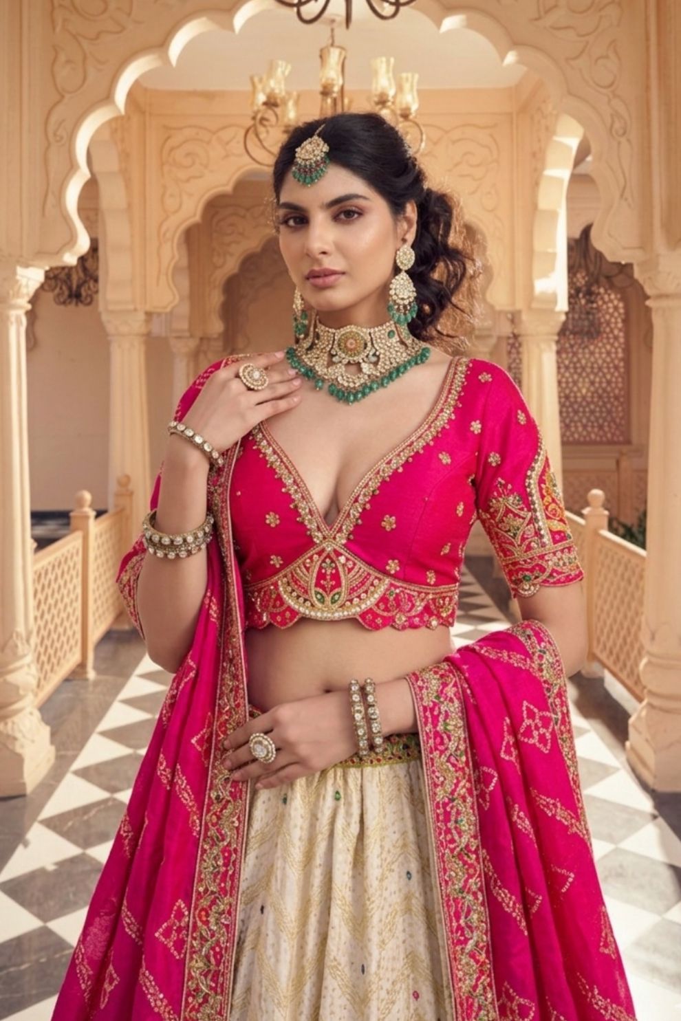 Cream Rani Pink Kalamkari Banarasi Lehenga Choli