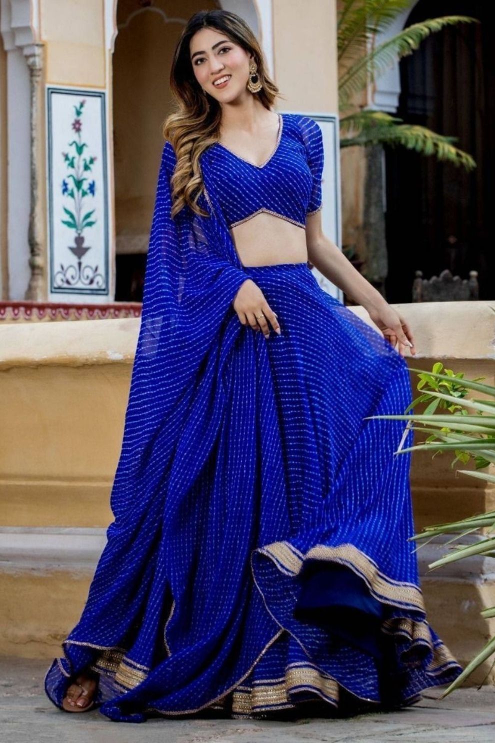 Designer Blue Leheriya Printed Party Wear Lehenga & Unstitched Blouse with Dupatta