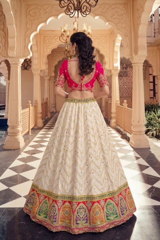 Cream Rani Pink Kalamkari Banarasi Lehenga Choli