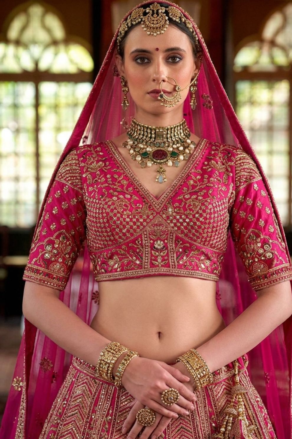 Fuchsia Pink Silk Bridal Lehenga Heavy Zardozi Architectural Motifs