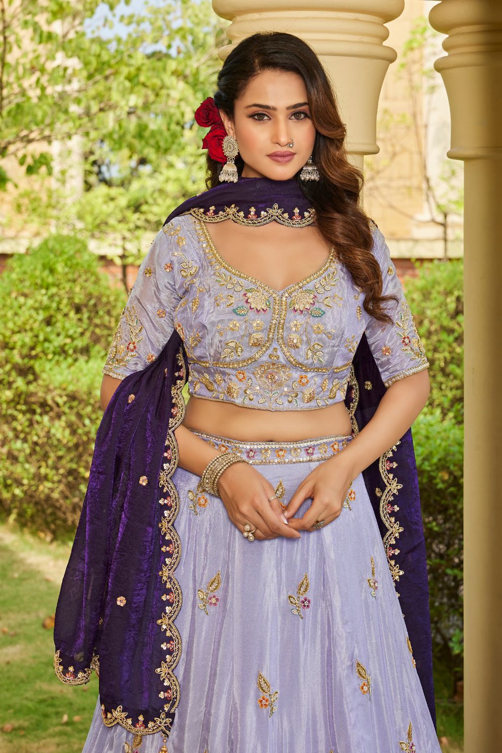 Lavender Tissue Lehenga Choli with Contrast Dupatta Elegant Festive Wear