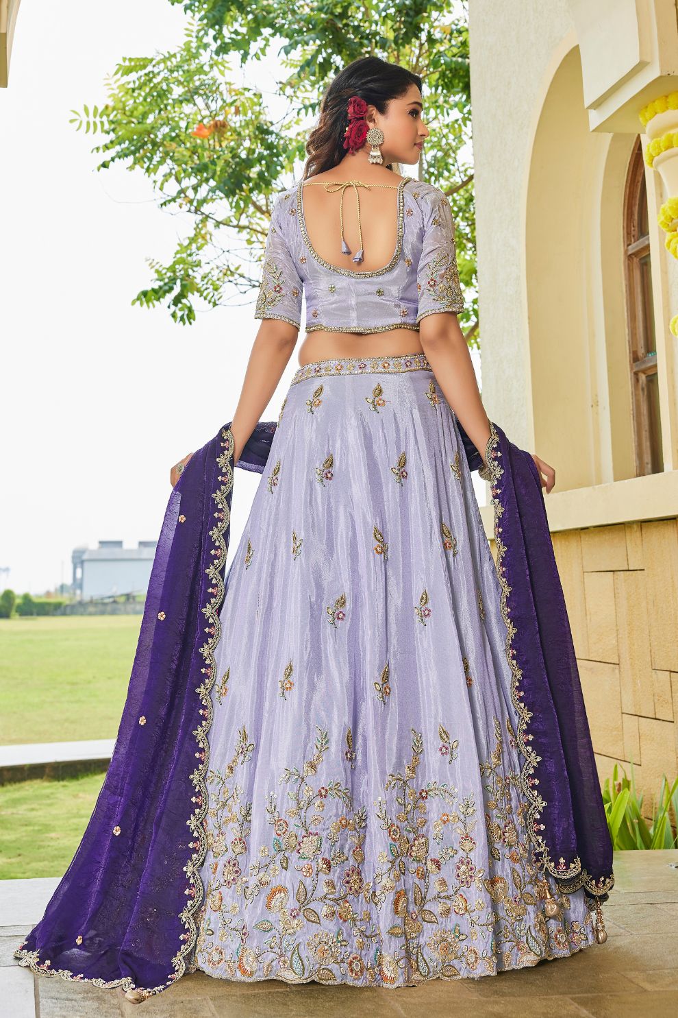Lavender Tissue Lehenga Choli with Contrast Dupatta Elegant Festive Wear