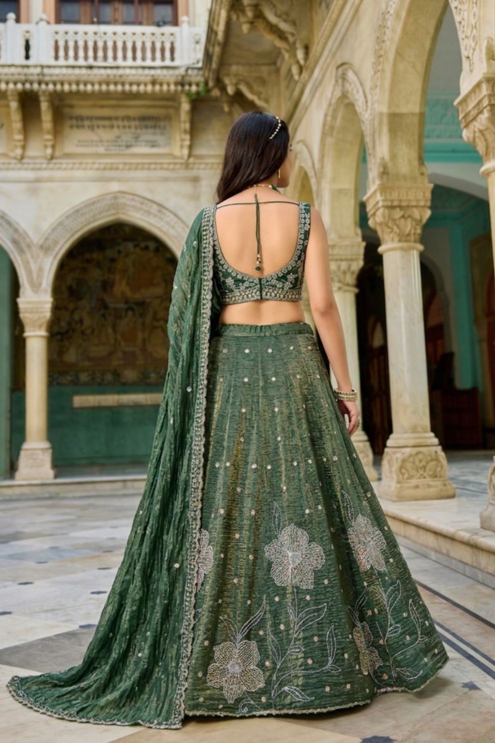 Bottle Green Tissue Silk Lehenga Choli Floral Zari Embroidery Elegant