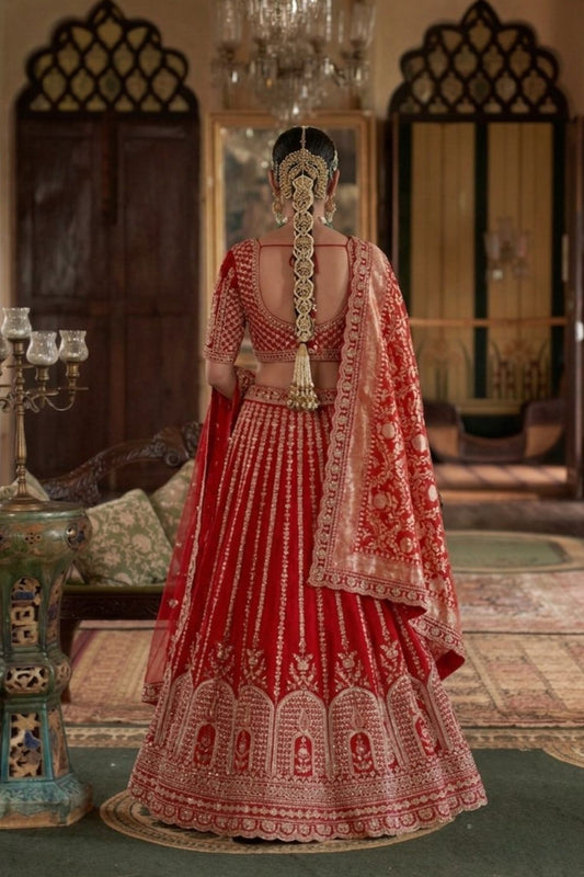 Red Bridal Silk Lehenga with Heavy Zari Embroidery and Double Dupatta