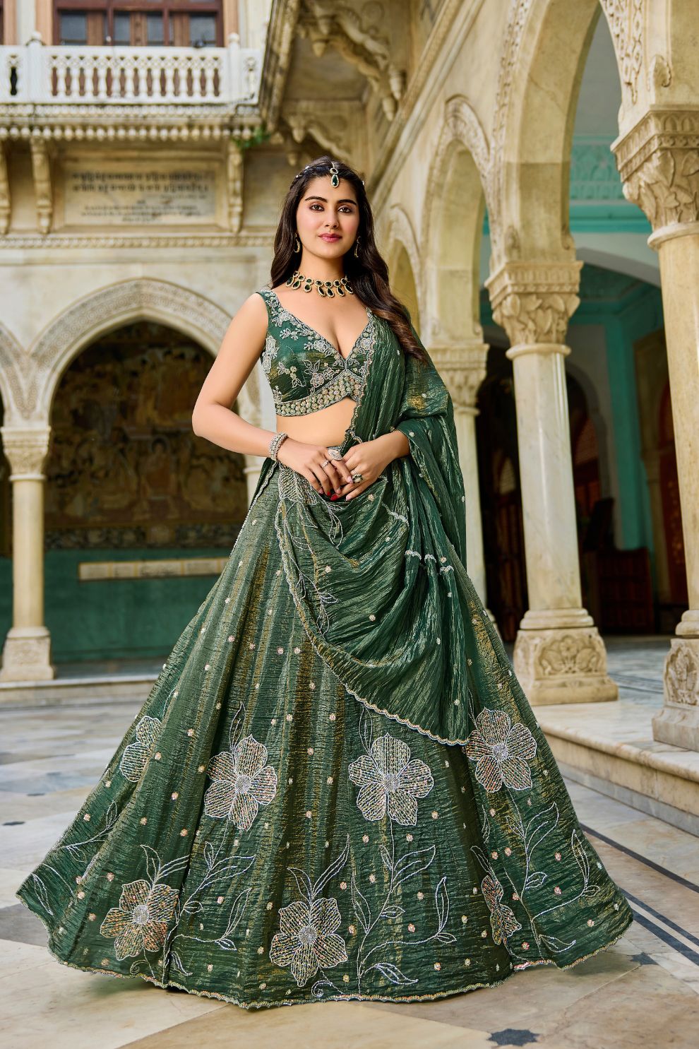 Bottle Green Tissue Silk Lehenga Choli Floral Zari Embroidery Elegant
