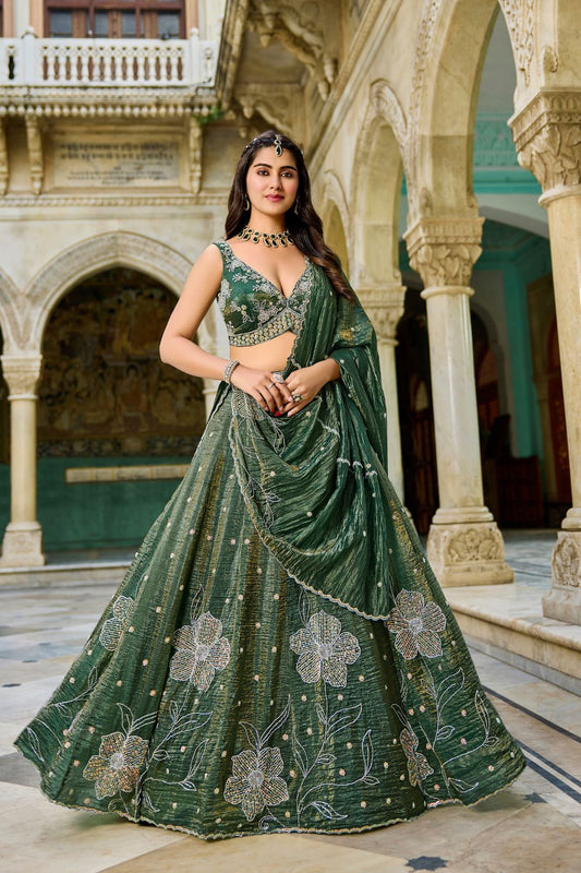 Bottle Green Tissue Silk Lehenga Choli Floral Zari Embroidery Elegant