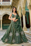 Bottle Green Tissue Silk Lehenga Choli Floral Zari Embroidery Elegant