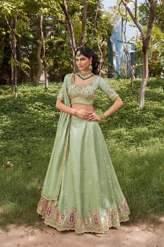 Royal Pista Green Silk Mehendi Lehenga Choli with Bead Embroidery Elegant
