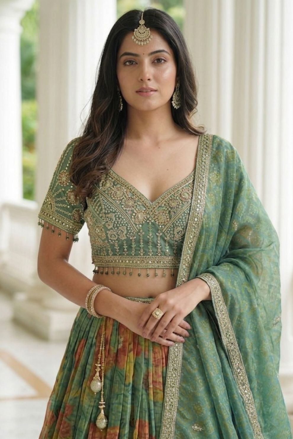 Green Kanjivaram Silk A-Line Lehenga Choli with Beads Work Elegant