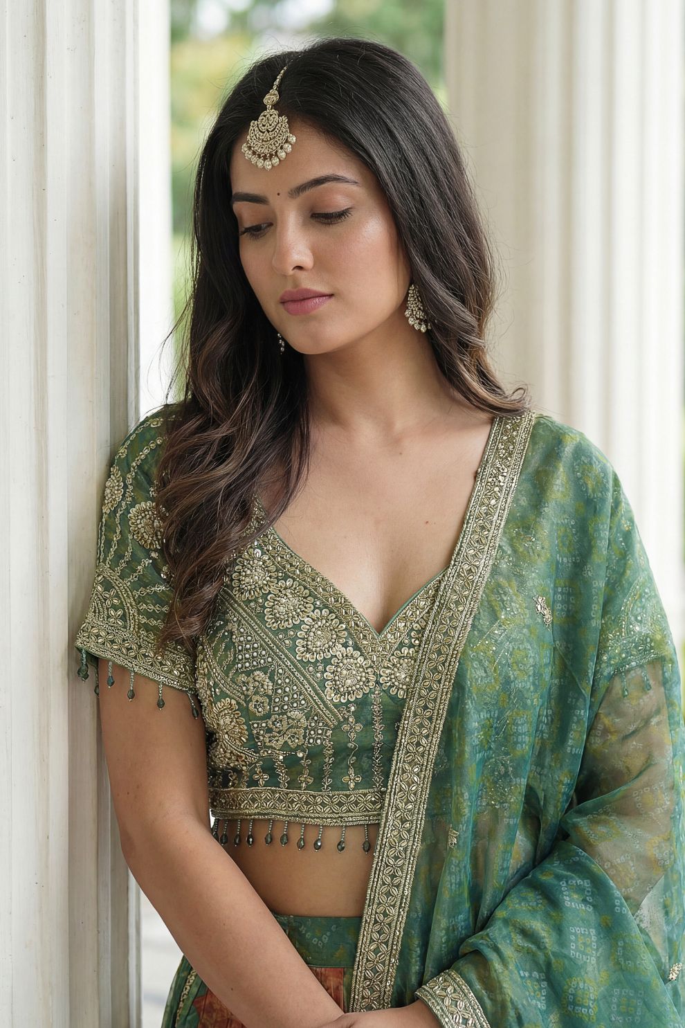 Green Kanjivaram Silk A-Line Lehenga Choli with Beads Work Elegant