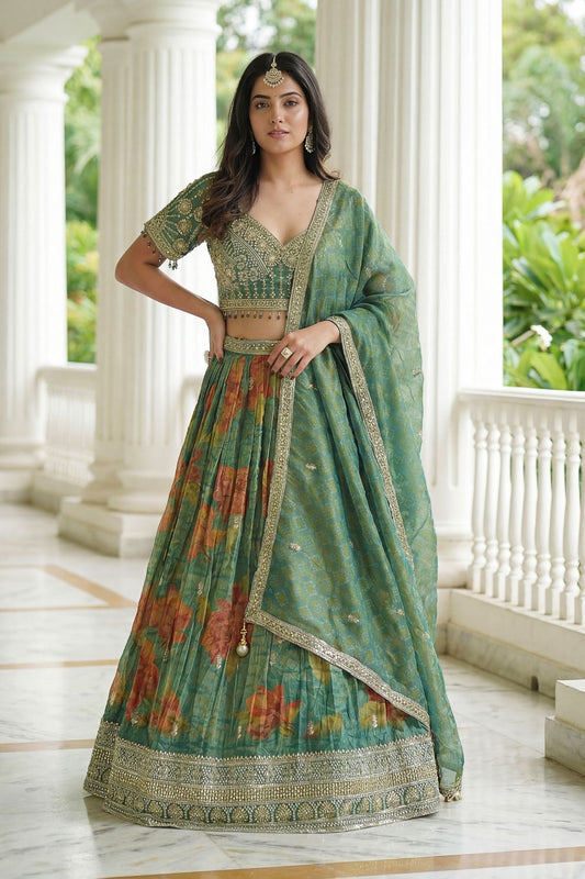 Green Kanjivaram Silk A-Line Lehenga Choli with Beads Work Elegant