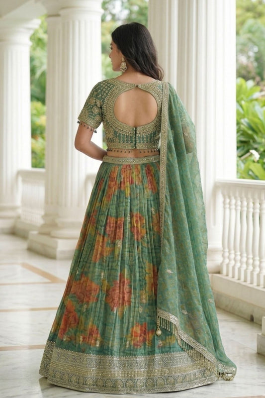 Green Kanjivaram Silk A-Line Lehenga Choli with Beads Work Elegant