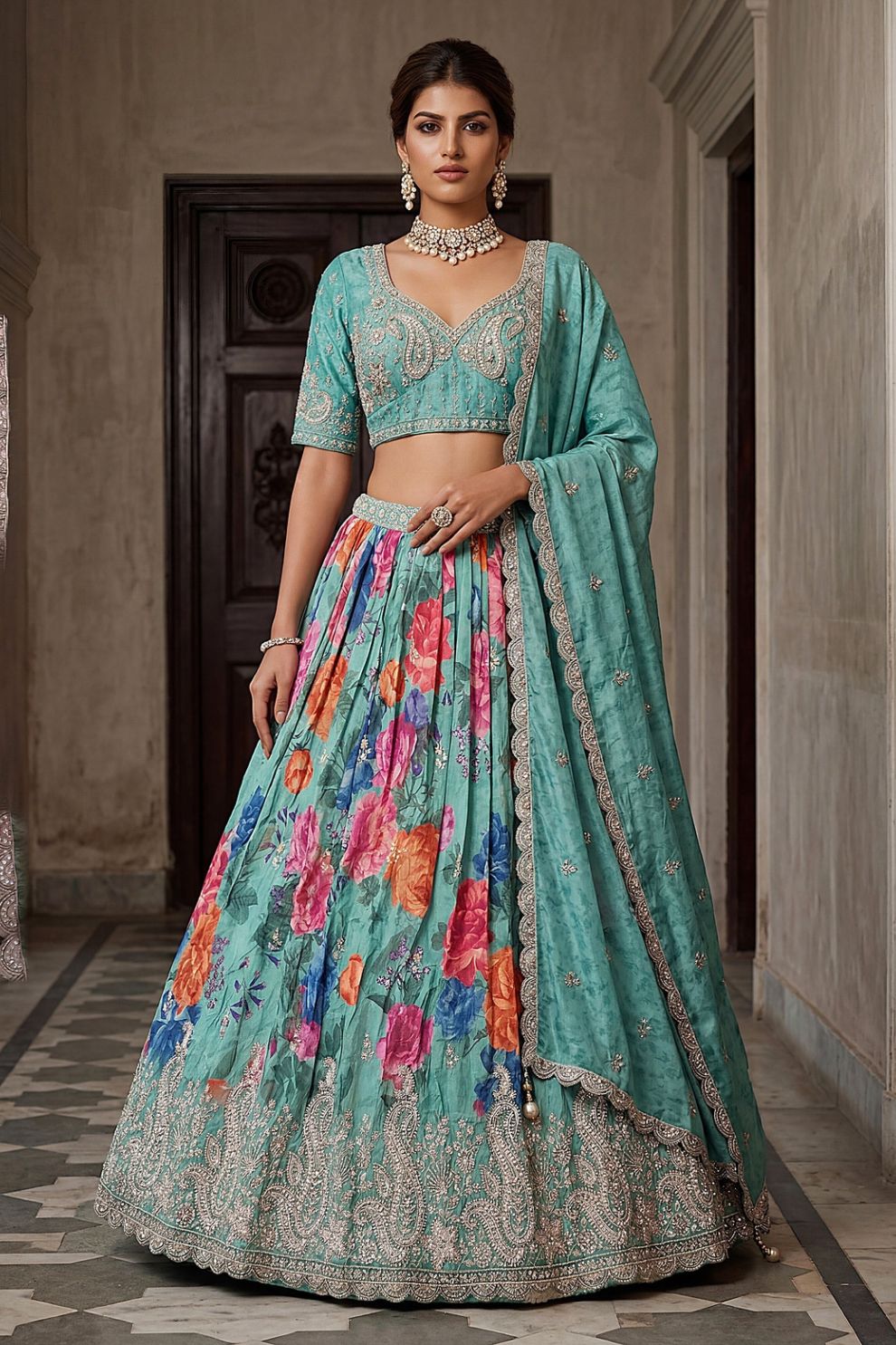 Blue Tissue Bead Work Bridesmaid Lehenga Choli with Dupatta Elegant Wear