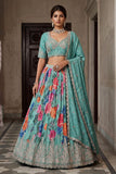 Blue Tissue Bead Work Bridesmaid Lehenga Choli with Dupatta Elegant Wear