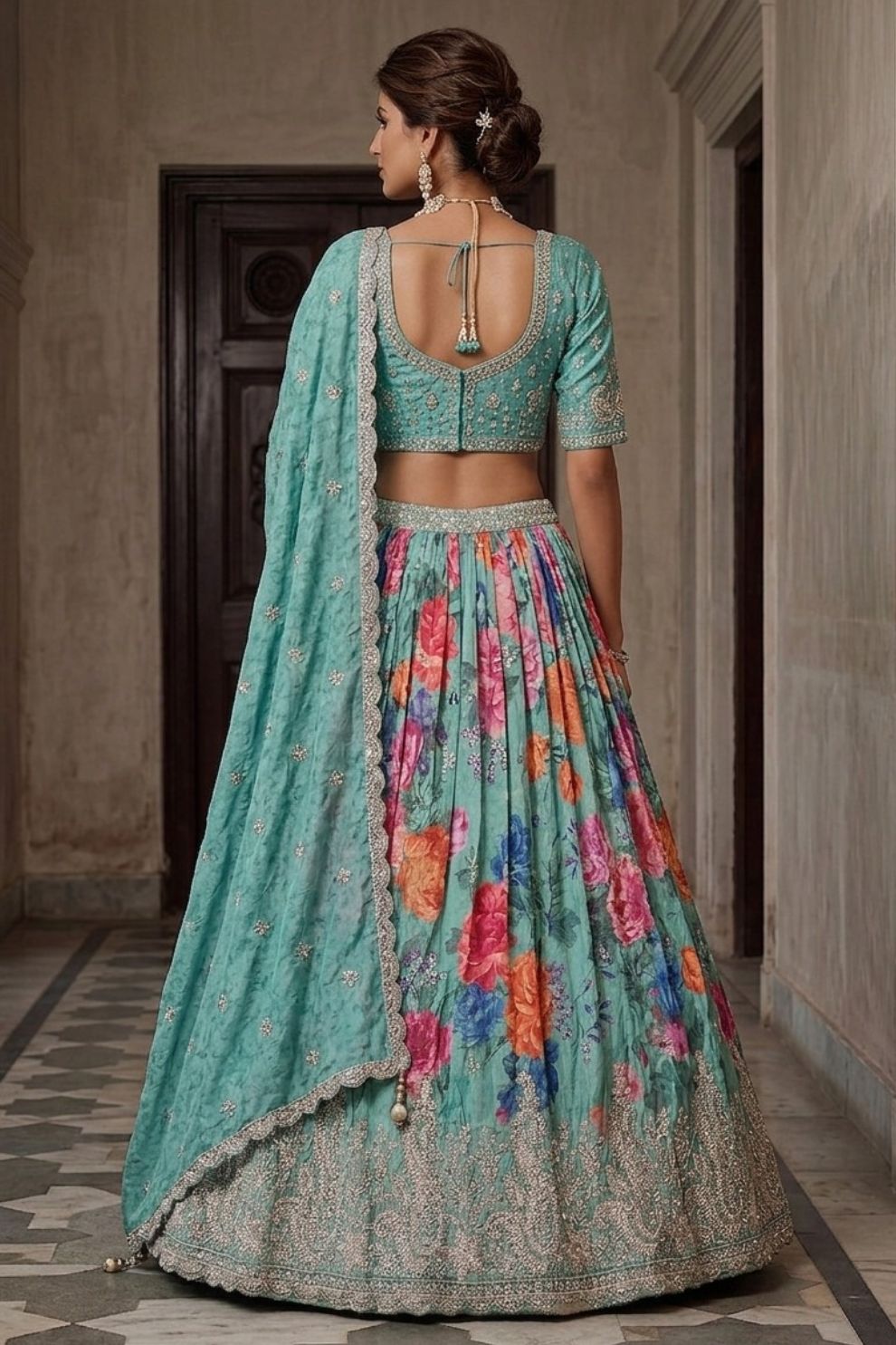 Blue Tissue Bead Work Bridesmaid Lehenga Choli with Dupatta Elegant Wear