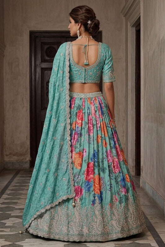 Blue Tissue Bead Work Bridesmaid Lehenga Choli with Dupatta Elegant Wear