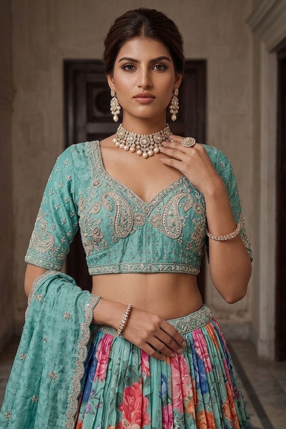 Blue Tissue Bead Work Bridesmaid Lehenga Choli with Dupatta Elegant Wear