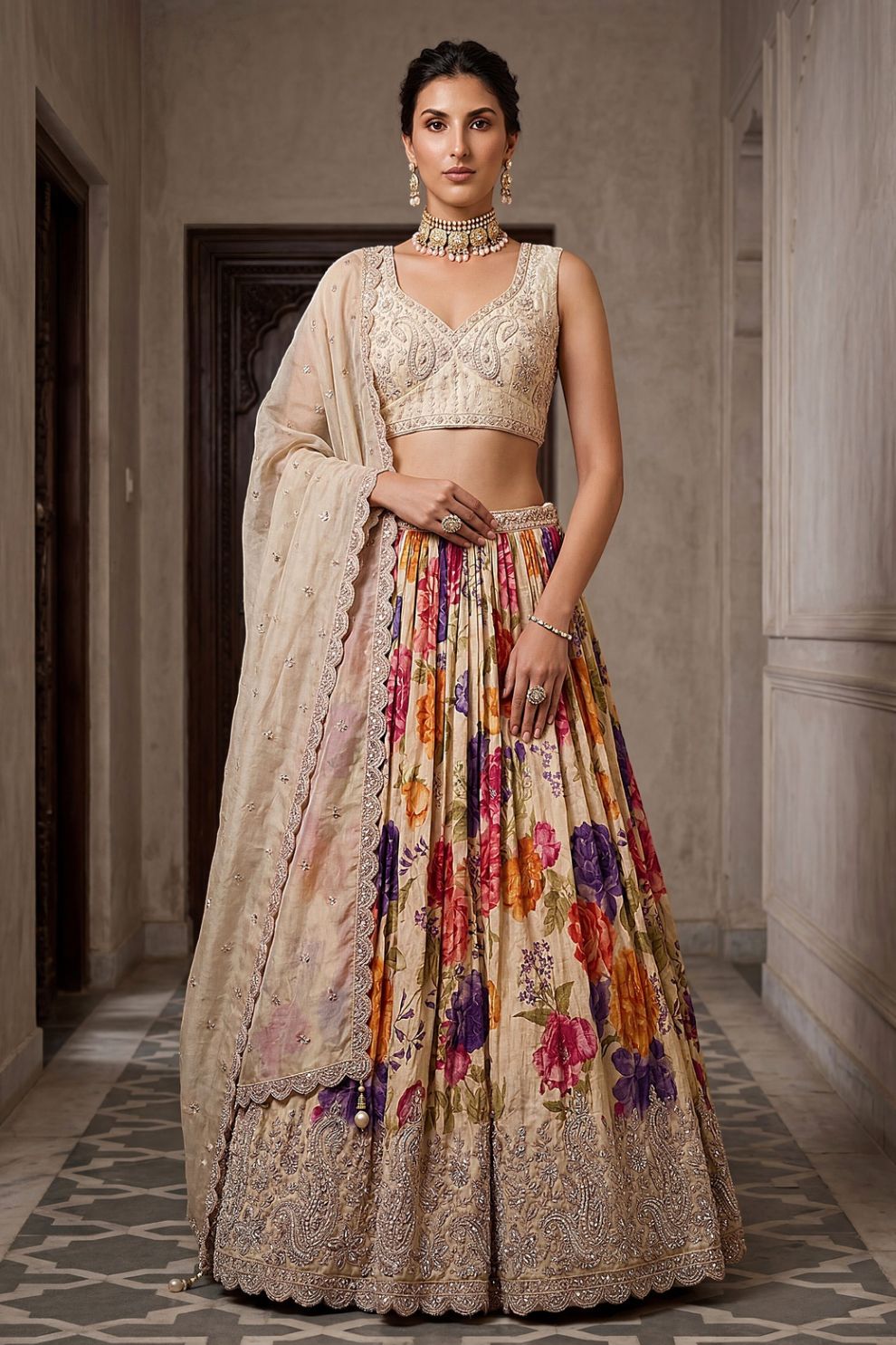 Cream Tissue Bead Work Bridesmaid Lehenga Choli with Dupatta Elegant Wear