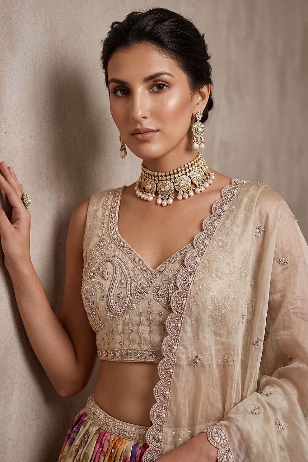 Cream Tissue Bead Work Bridesmaid Lehenga Choli with Dupatta Elegant Wear