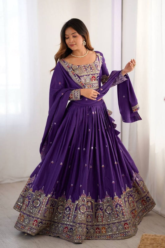 Women's Dark Purple Vichitra Silk Embroidered Lehenga Choli Set for Weddings