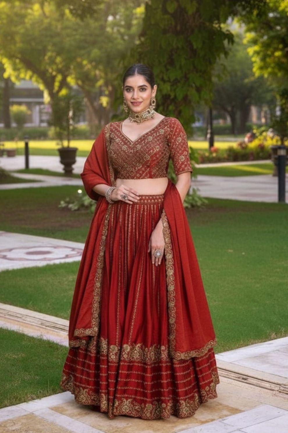Sequin Work Rust Orange Rangoli Silk Wedding Lehenga Choli with Matching Dupatta