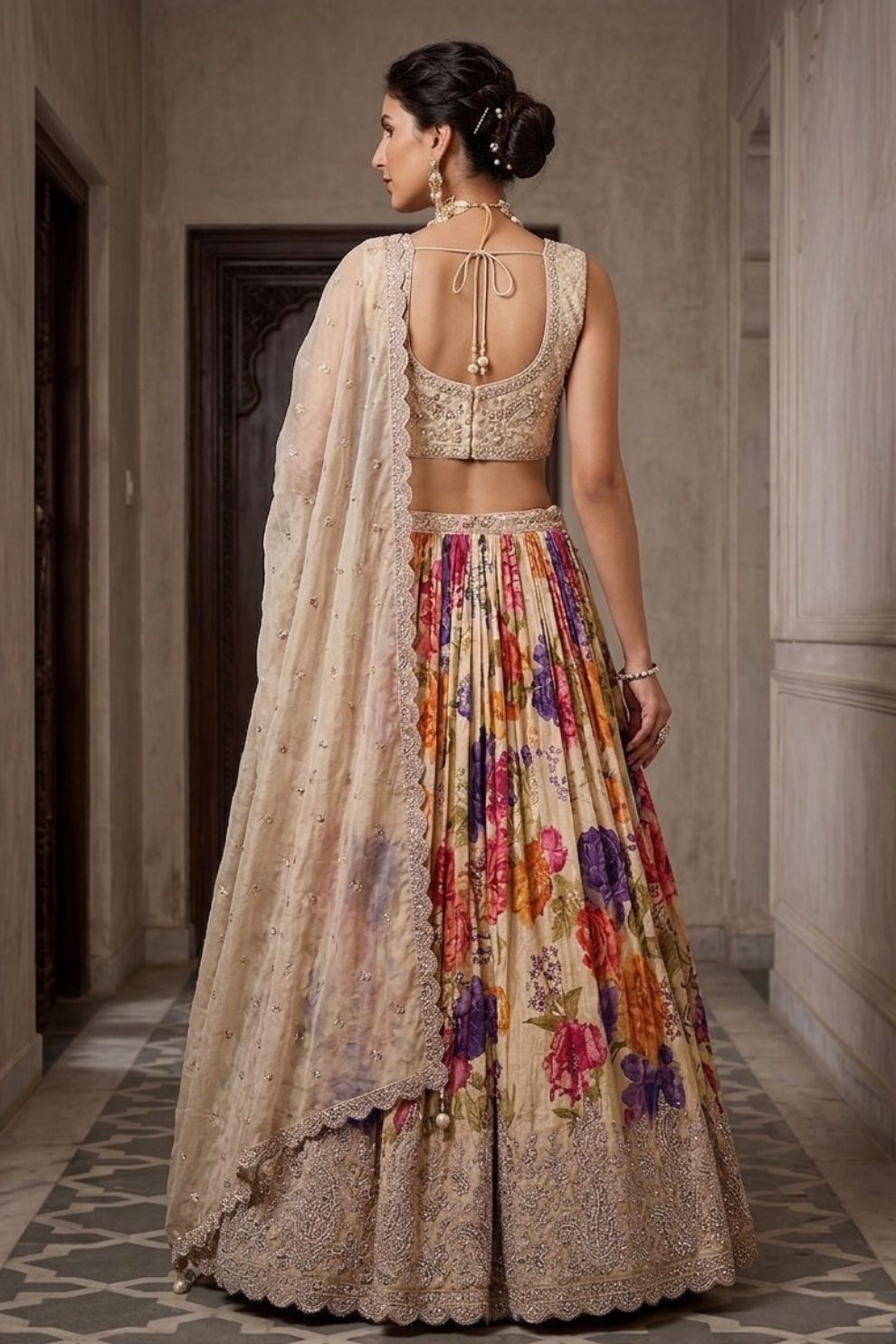 Cream Tissue Bead Work Bridesmaid Lehenga Choli with Dupatta Elegant Wear