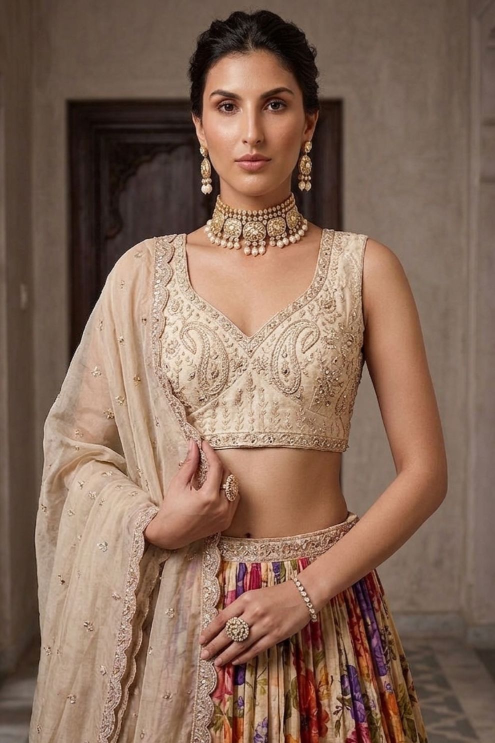 Cream Tissue Bead Work Bridesmaid Lehenga Choli with Dupatta Elegant Wear