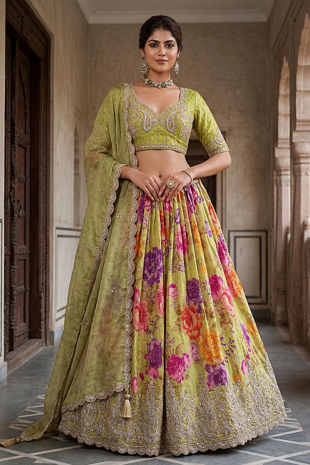 Green Tissue Bead Work Bridesmaid Lehenga Choli with Dupatta Elegant Wear