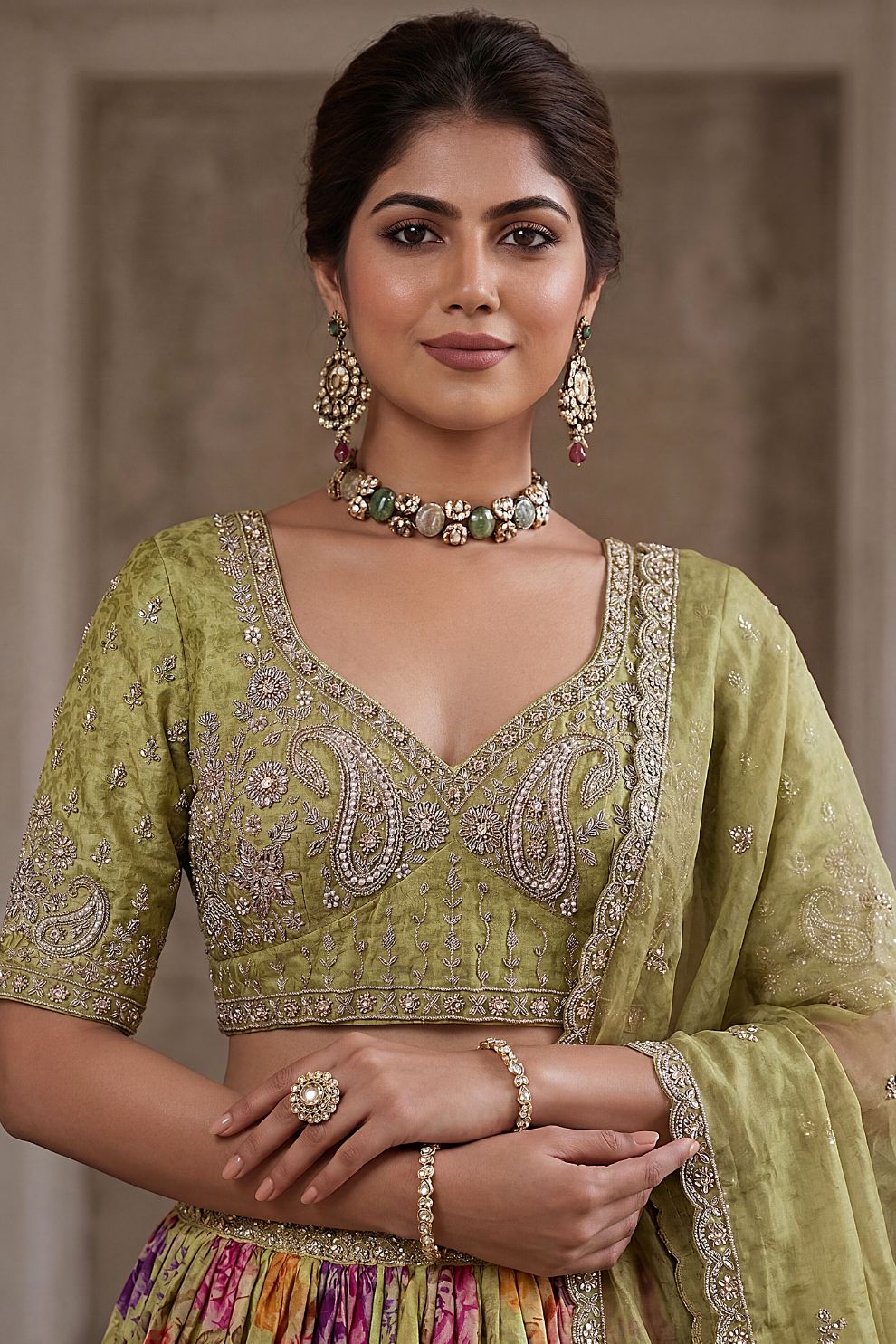 Green Tissue Bead Work Bridesmaid Lehenga Choli with Dupatta Elegant Wear