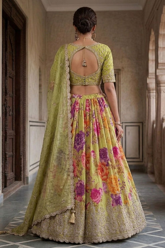 Green Tissue Bead Work Bridesmaid Lehenga Choli with Dupatta Elegant Wear