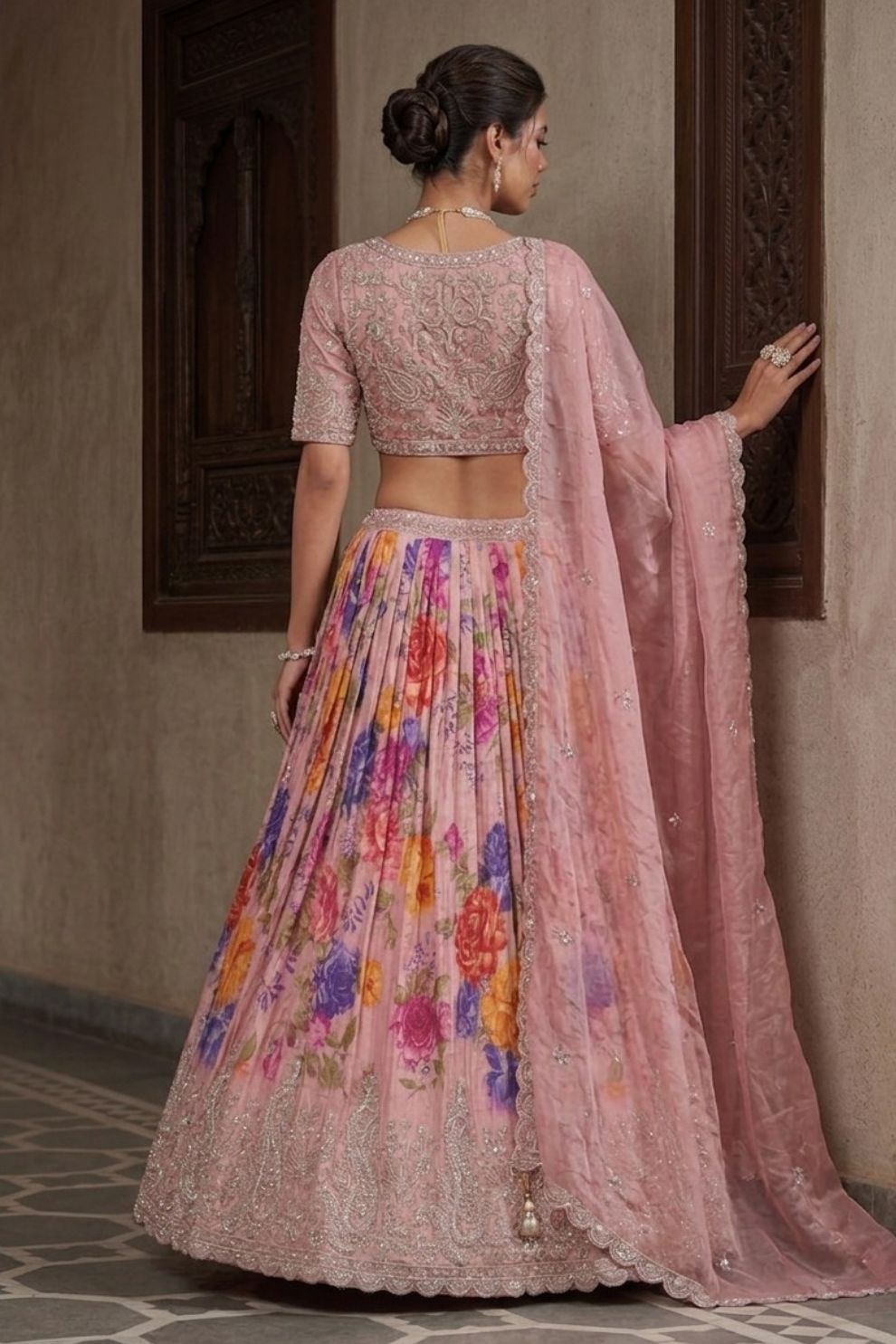 Tissue Pink Bead Work Bridesmaid Lehenga Choli with Dupatta Elegant Wear