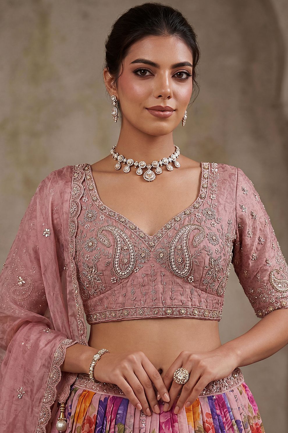 Tissue Pink Bead Work Bridesmaid Lehenga Choli with Dupatta Elegant Wear