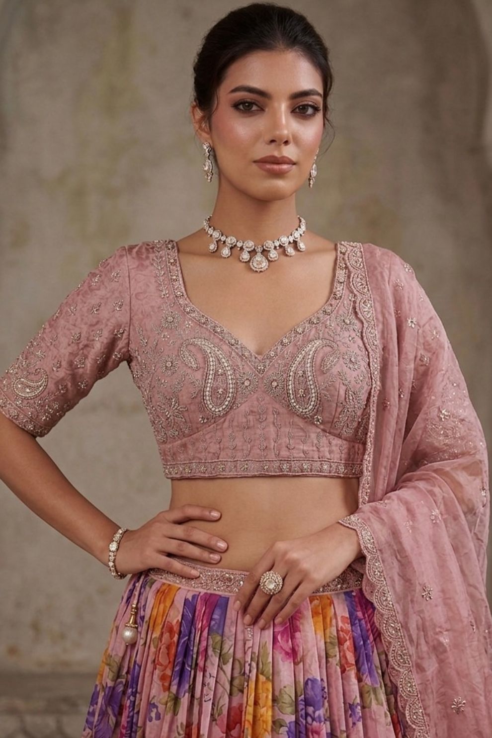 Tissue Pink Bead Work Bridesmaid Lehenga Choli with Dupatta Elegant Wear