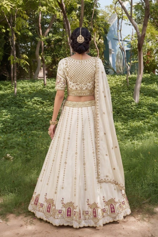 Royal Off white Silk Mehendi Lehenga Choli with Bead Embroidery Elegant