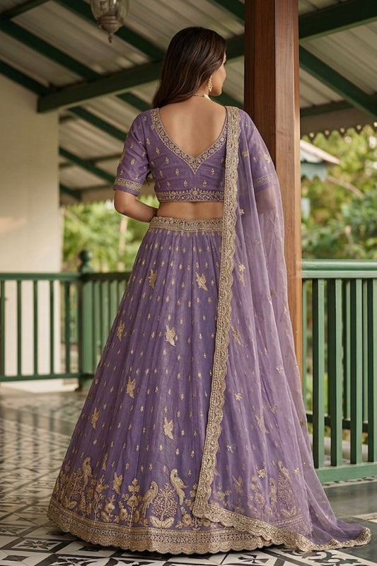 Purple Tissue Lehenga Embroidered Sequins Stones Beads Zari Work Elegant Wear