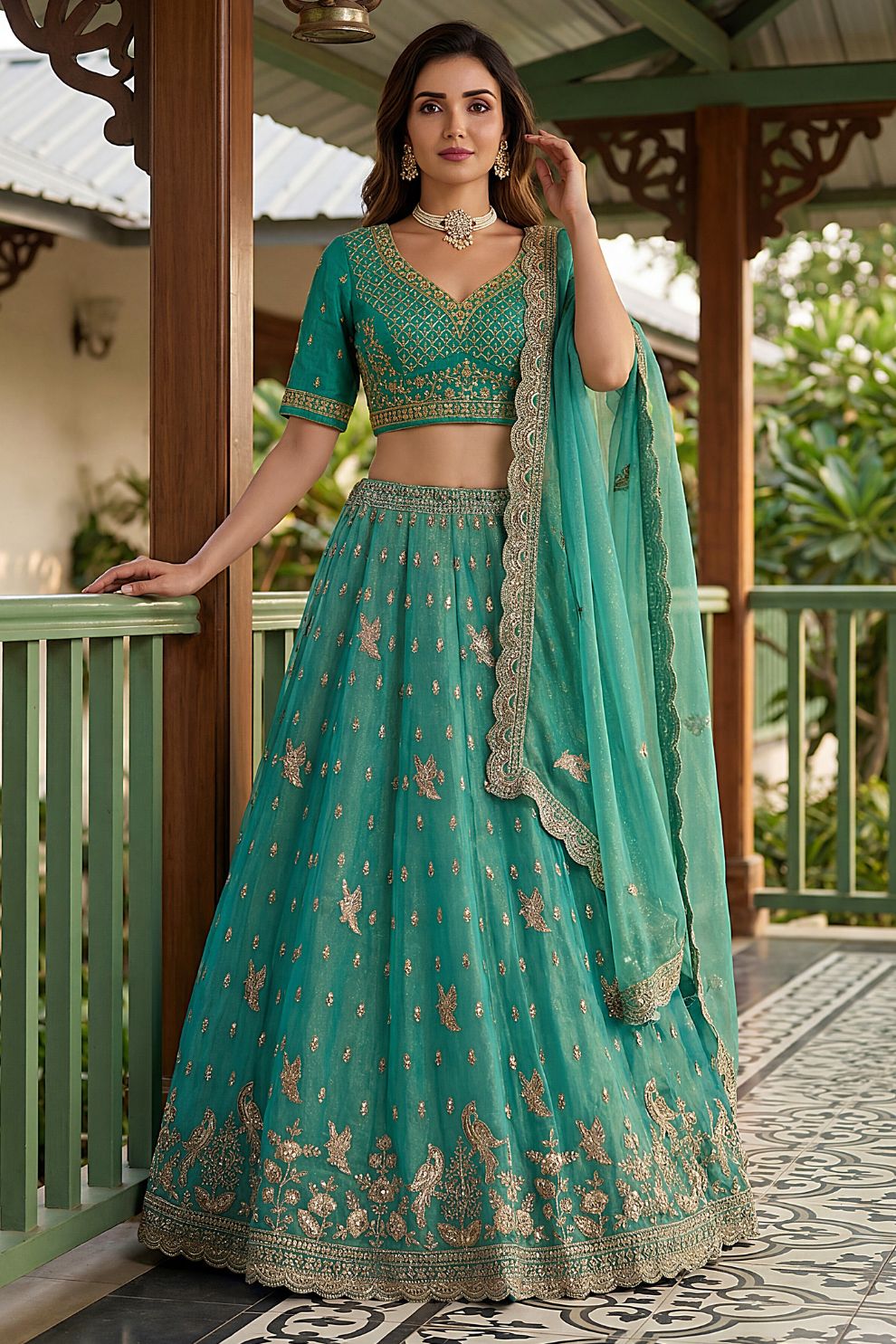 Rama Green Tissue Lehenga Embroidered Sequins Stones Beads Zari Work Elegant Wear