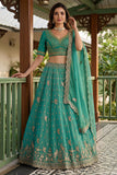 Rama Green Tissue Lehenga Embroidered Sequins Stones Beads Zari Work Elegant Wear